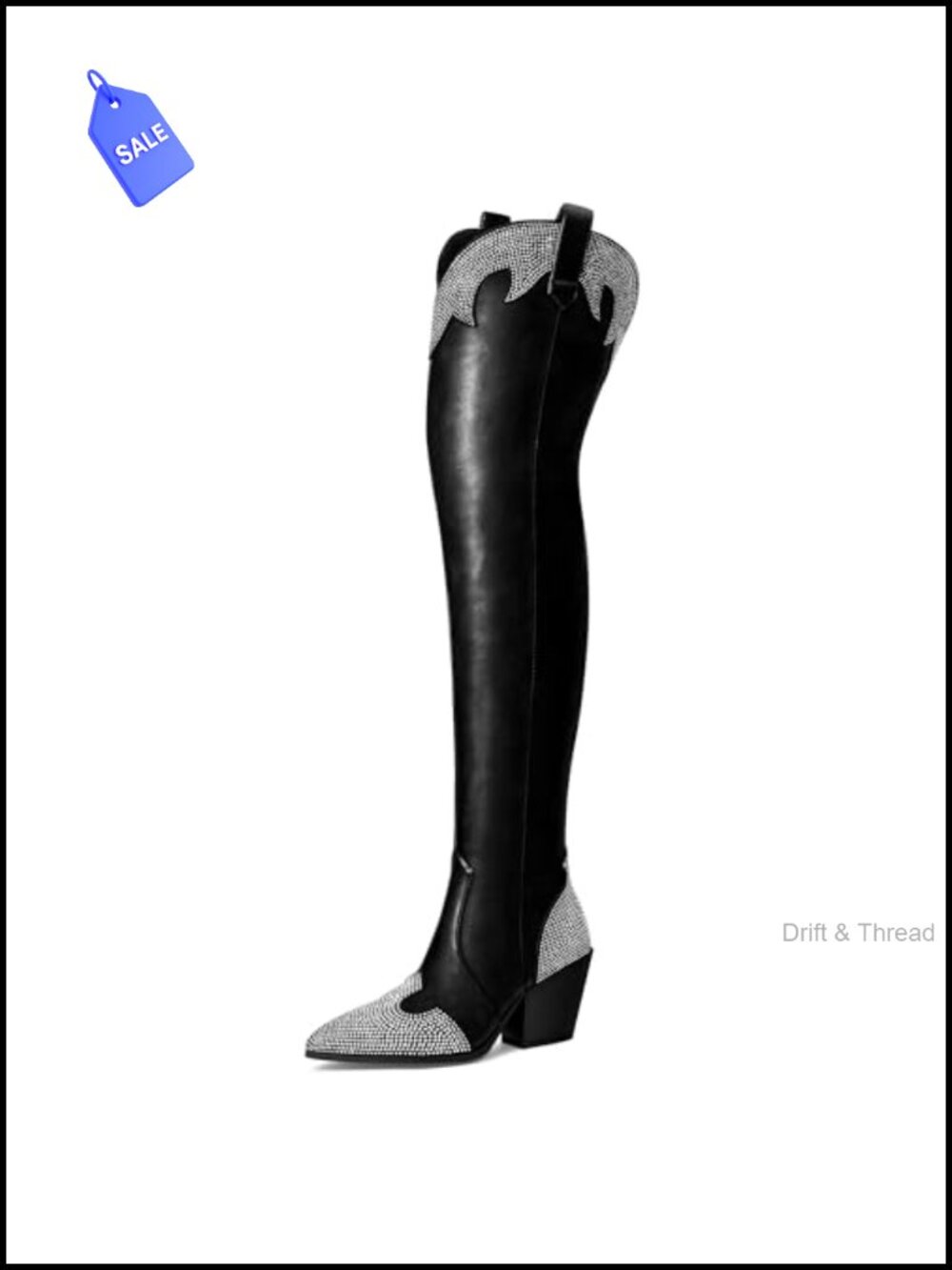 Thigh High Cowboy Boots Pointed Toe Chunky Heel Rhinestone Over Knee